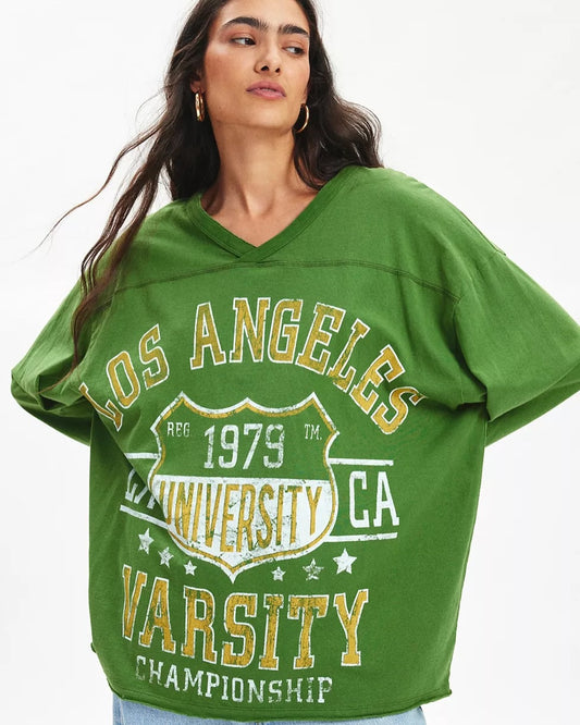 Vintage Varsity V-Neck Long Sleeve Graphic Tee