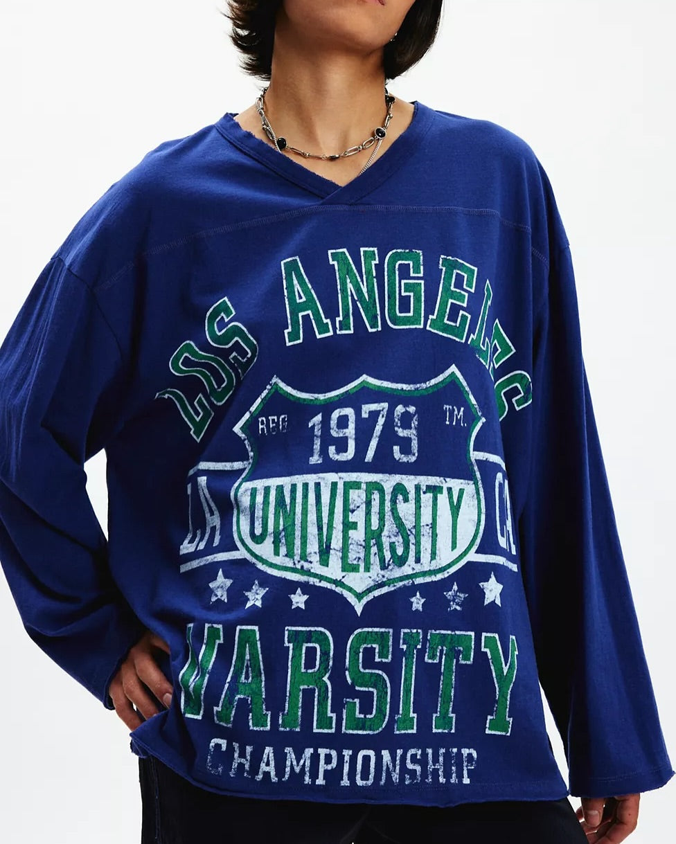 Vintage Varsity V-Neck Long Sleeve Graphic Tee