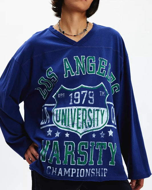 Vintage Varsity V-Neck Long Sleeve Graphic Tee