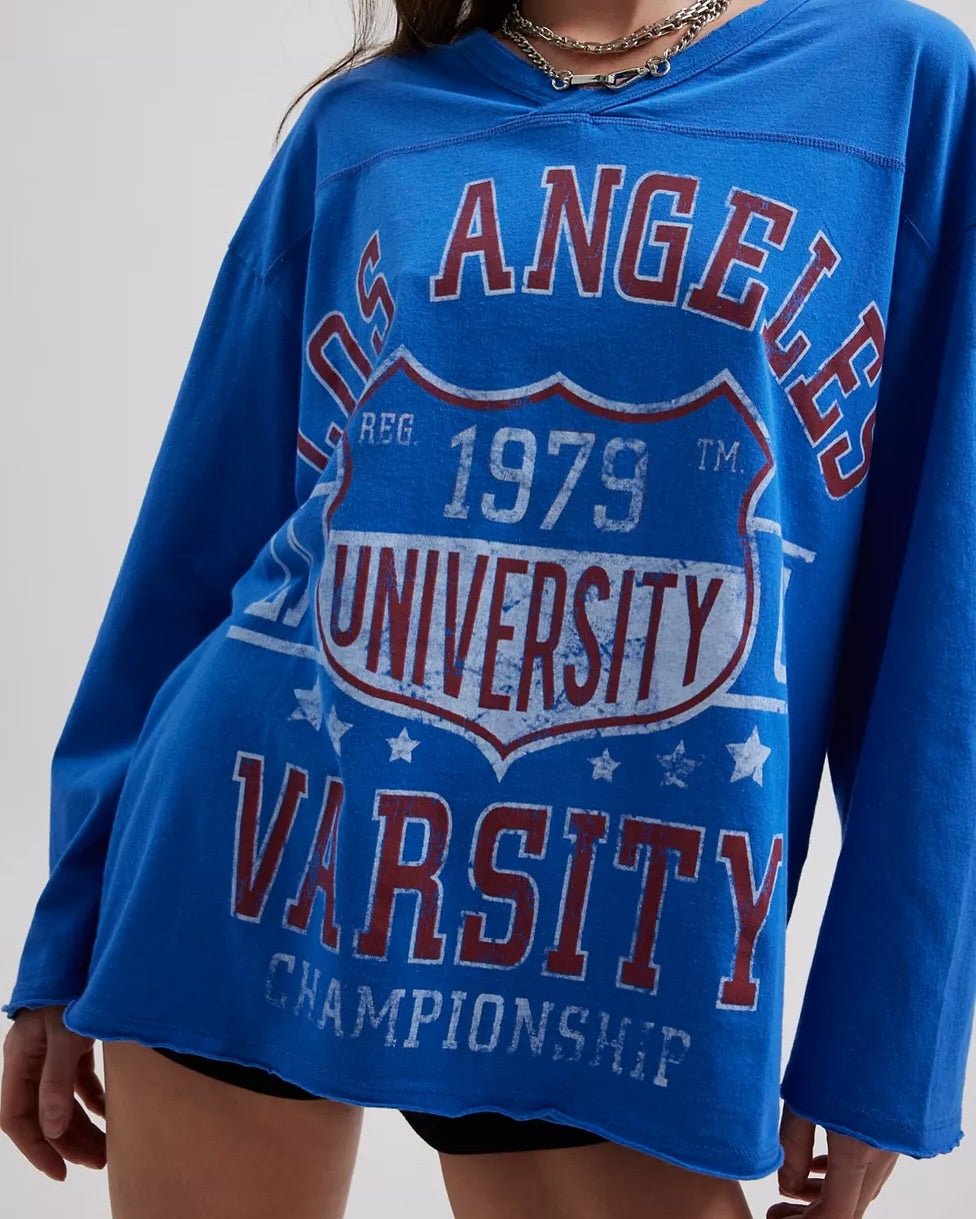 Vintage Varsity V-Neck Long Sleeve Graphic Tee