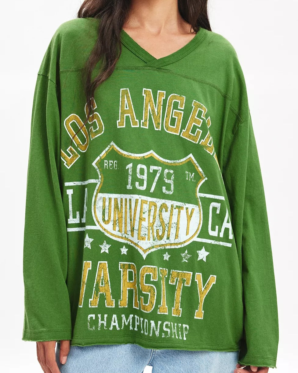 Vintage Varsity V-Neck Long Sleeve Graphic Tee