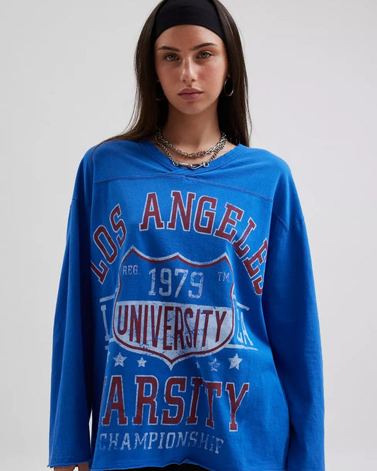 Vintage Varsity V-Neck Long Sleeve Graphic Tee