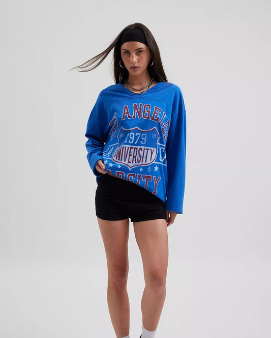 Vintage Varsity V-Neck Long Sleeve Graphic Tee