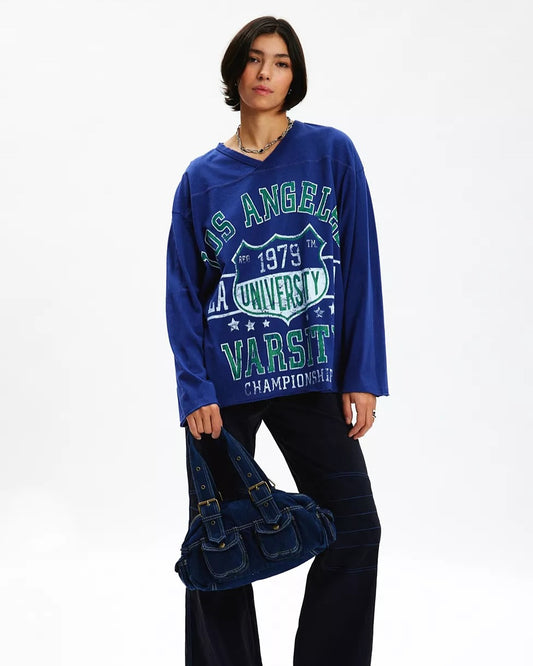 Vintage Varsity V-Neck Long Sleeve Graphic Tee